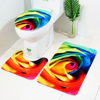 Zeegle 3 бр. Постелка за тоалетна чиния с щампа на рози Постелки за баня Комплект килими за баня Абсорбиращ капак на капака на тоалетната Килимчета за баня Противоплъзгаща се подложка за баня