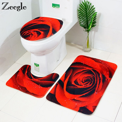 Zeegle 3db WC-szőnyeg Rózsa nyomott fürdőszőnyeg Fürdőszőnyeg szett Nedvszívó WC-fedő Huzat Fürdőszőnyegek Csúszásgátló fürdőszobaszőnyeg