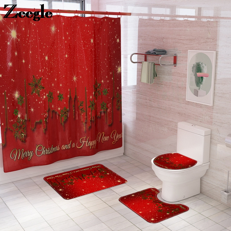 Klasisks Ziemassvētku mājas dekors vannas paklājiņš un dušas aizkaru komplekts Vannas istabas paklājs tualetes sēdekļa pārklāja paklājiņš vannas istabas neslīdošs grīdas paklājiņš