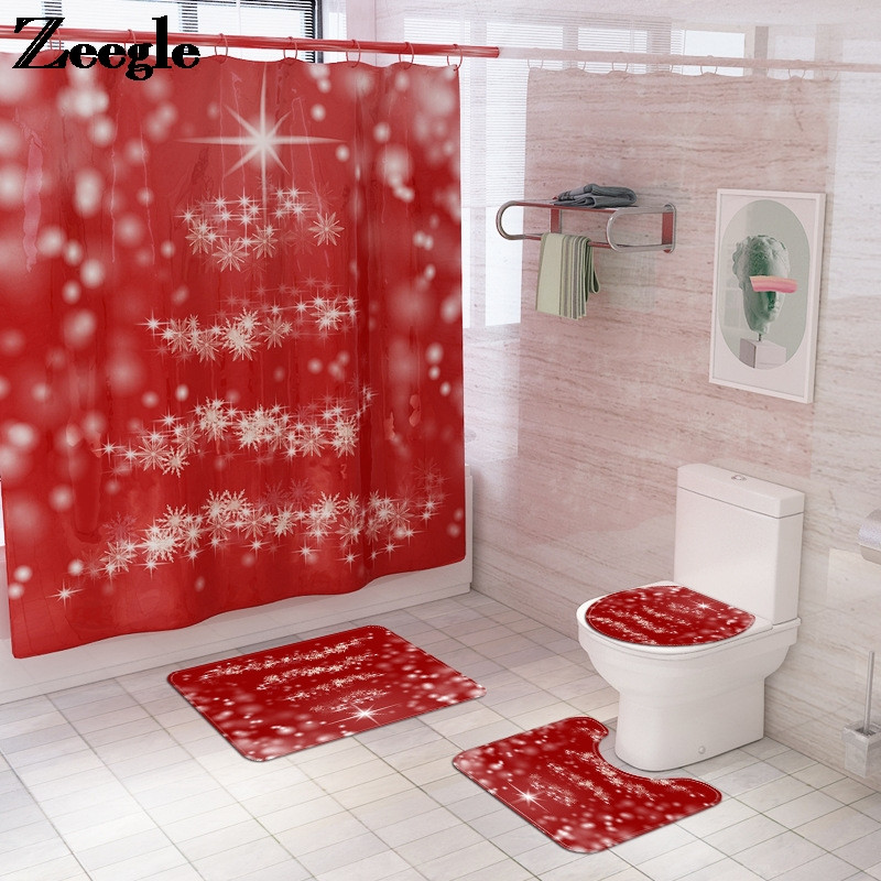 Klasisks Ziemassvētku mājas dekors vannas paklājiņš un dušas aizkaru komplekts Vannas istabas paklājs tualetes sēdekļa pārklāja paklājiņš vannas istabas neslīdošs grīdas paklājiņš