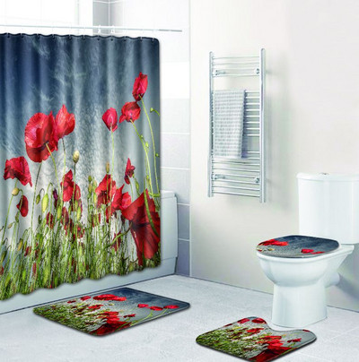 Zeegle 4gab vannas istabas dušas aizkaru neslīdošs vannas istabas mīksto paklāju komplekts tualetes pārklāja paklājiņš ar apdrukātu ziedu ūdensizturīgs vannas aizkaru komplekts