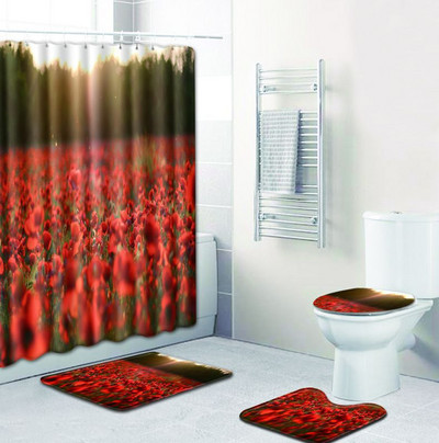 Zeegle 4gab vannas istabas dušas aizkaru neslīdošs vannas istabas mīksto paklāju komplekts tualetes pārklāja paklājiņš ar apdrukātu ziedu ūdensizturīgs vannas aizkaru komplekts