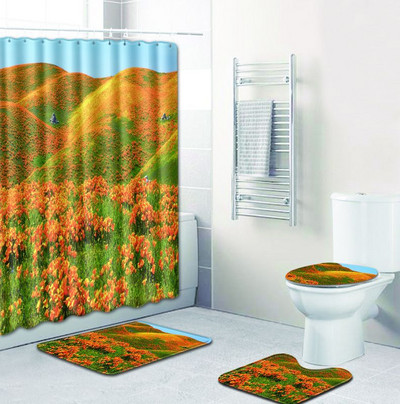 Zeegle 4gab vannas istabas dušas aizkaru neslīdošs vannas istabas mīksto paklāju komplekts tualetes pārklāja paklājiņš ar apdrukātu ziedu ūdensizturīgs vannas aizkaru komplekts