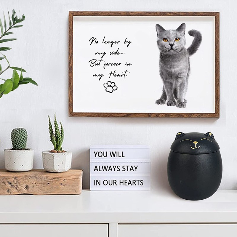 Mājas kaķa urnas pelni Kaķa formas piemiņas vieta kremācijas urnas Ar rokām izgatavotas melnas dekoratīvas urnas bērēm Kaķa urnas kaķa memoriāls