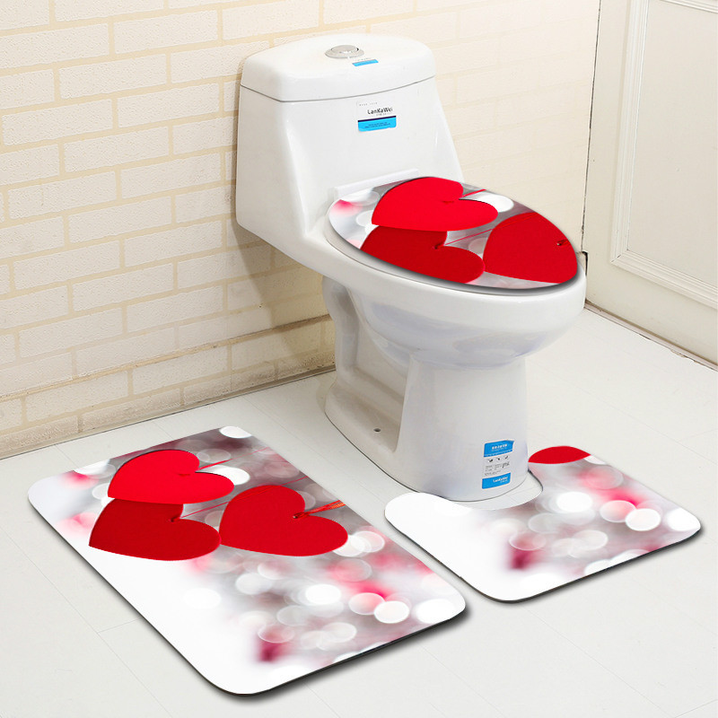 Zeegle 3vnt Romantic Valentine Home Vonios kambario kilimų rinkinys Minkšti mikropluošto vonios kilimėliai Neslystantys tualeto kilimėliai Dušo dangtis Dušo kilimėliai