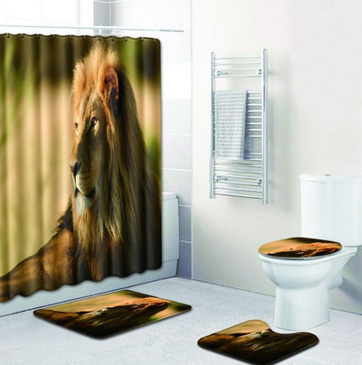 4 gab. Dzīvnieku apdrukāts dušas aizkaru vannas paklājiņš tualetes paliktņa komplekts rakstzīmju raksts pretslīdošs tualetes raksts paklājs flaneļa vannas paklājs