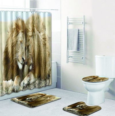 4 gab. Dzīvnieku apdrukāts dušas aizkaru vannas paklājiņš tualetes paliktņa komplekts rakstzīmju raksts pretslīdošs tualetes raksts paklājs flaneļa vannas paklājs