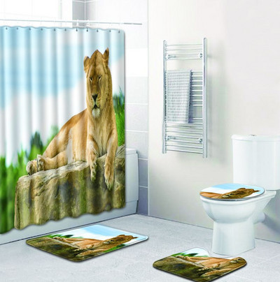 4 gab. Dzīvnieku apdrukāts dušas aizkaru vannas paklājiņš tualetes paliktņa komplekts rakstzīmju raksts pretslīdošs tualetes raksts paklājs flaneļa vannas paklājs