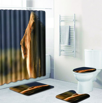 4 gab. Dzīvnieku apdrukāts dušas aizkaru vannas paklājiņš tualetes paliktņa komplekts rakstzīmju raksts pretslīdošs tualetes raksts paklājs flaneļa vannas paklājs