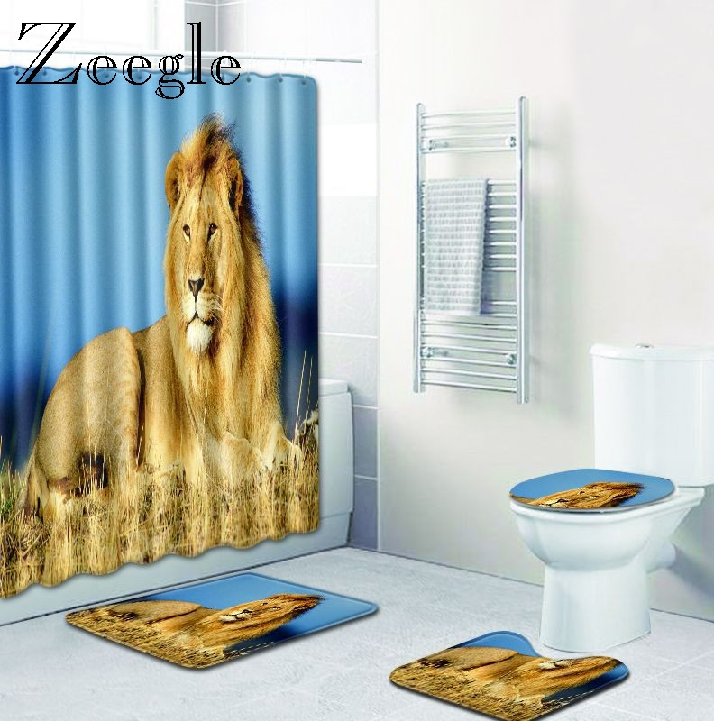 4 gab. Dzīvnieku apdrukāts dušas aizkaru vannas paklājiņš tualetes paliktņa komplekts rakstzīmju raksts pretslīdošs tualetes raksts paklājs flaneļa vannas paklājs