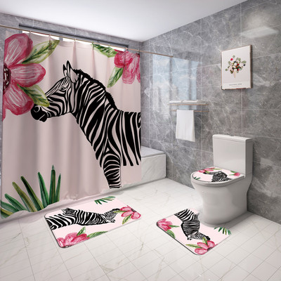 Dzīvniekiem apdrukāts vannas paklājiņš un dušas aizkaru komplekts pret slīdēšanu tualetes sēdekļa pārklāja paklājiņš vannas istabas grīdas paklājiņš absorbējošs tualetes kāju paklāja komplekts