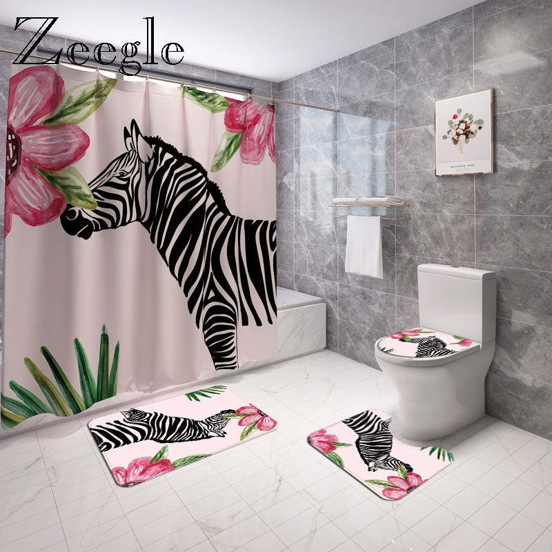 Dzīvniekiem apdrukāts vannas paklājiņš un dušas aizkaru komplekts pret slīdēšanu tualetes sēdekļa pārklāja paklājiņš vannas istabas grīdas paklājiņš absorbējošs tualetes kāju paklāja komplekts