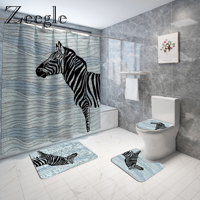 Dzīvniekiem apdrukāts vannas paklājiņš un dušas aizkaru komplekts pret slīdēšanu tualetes sēdekļa pārklāja paklājiņš vannas istabas grīdas paklājiņš absorbējošs tualetes kāju paklāja komplekts