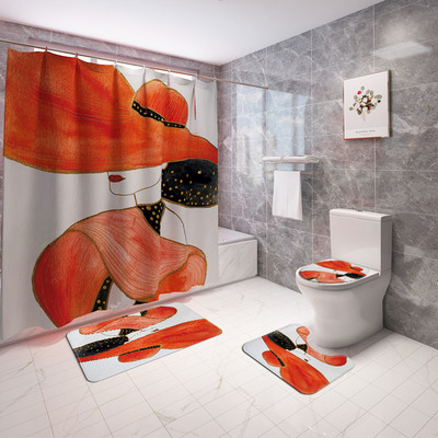 Vannimati ja dušikardina komplekt vannitoas AntiSlip WC-vaiba jalamattide komplekt koos elegantse Beauty Print tualeti istmepadjaga