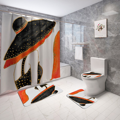 Vannimati ja dušikardina komplekt vannitoas AntiSlip WC-vaiba jalamattide komplekt koos elegantse Beauty Print tualeti istmepadjaga