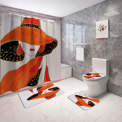 Vannimati ja dušikardina komplekt vannitoas AntiSlip WC-vaiba jalamattide komplekt koos elegantse Beauty Print tualeti istmepadjaga
