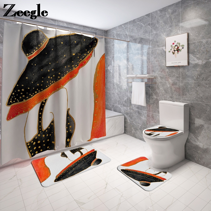 Vannimati ja dušikardina komplekt vannitoas AntiSlip WC-vaiba jalamattide komplekt koos elegantse Beauty Print tualeti istmepadjaga