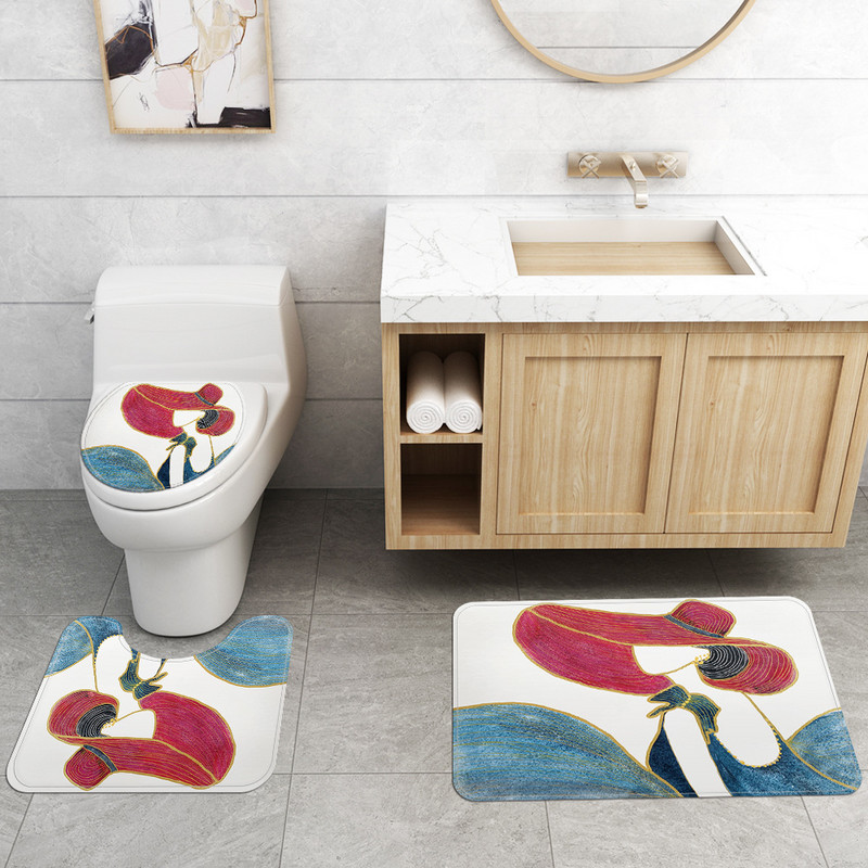 Vannimati ja dušikardina komplekt vannitoas AntiSlip WC-vaiba jalamattide komplekt koos elegantse Beauty Print tualeti istmepadjaga