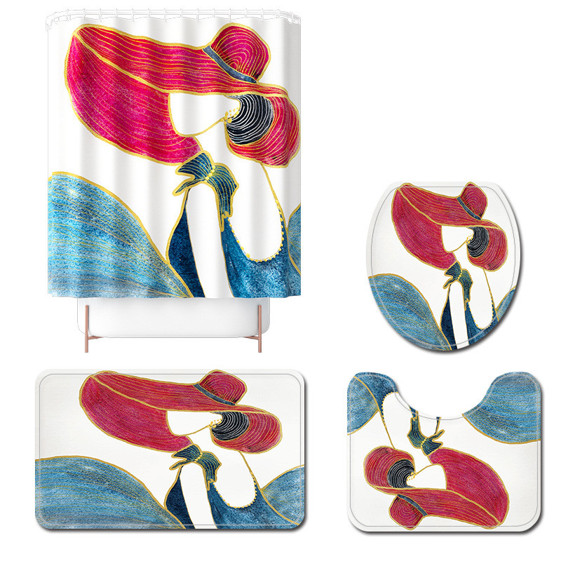 Vannimati ja dušikardina komplekt vannitoas AntiSlip WC-vaiba jalamattide komplekt koos elegantse Beauty Print tualeti istmepadjaga