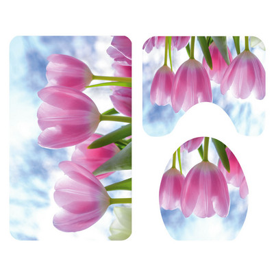 Zeegle Creative Flower vannas paklājs un dušas aizkaru komplekts mazgājams vannas paklājiņš tualetes paklāja komplekts ar āķiem Neslīdošs vannas istabas kāju paklājs