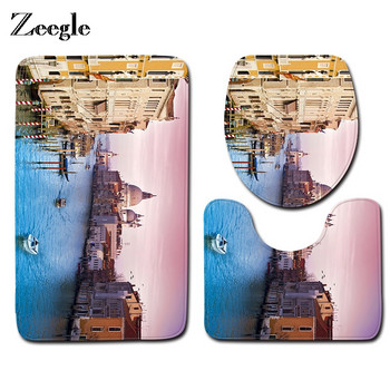 Zeegle City View Printed 3 бр./компл. Подложки за баня Килим за баня Нехлъзгащи се Подложки за баня Покривало на капака на тоалетната Абсорбиращи тоалетни килими