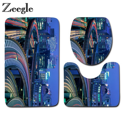 Zeegle City View Printed 3 τεμ./σετ Χαλάκια μπάνιου Χαλί μπάνιου Αντιολισθητικά Πατάκια μπάνιου Κάλυμμα καπακιού τουαλέτας Απορροφητικά χαλιά τουαλέτας