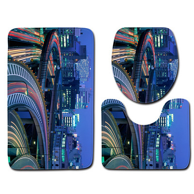 Zeegle City View Drukāts 3gab/komplekts Vannas paklājiņi Vannas istabas paklājs Neslīdošs Vannas istabas grīdas paklāji Tualetes vāks Pārvalks Absorbējoši tualetes paklāji