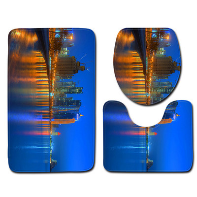 Zeegle City View Drukāts 3gab/komplekts Vannas paklājiņi Vannas istabas paklājs Neslīdošs Vannas istabas grīdas paklāji Tualetes vāks Pārvalks Absorbējoši tualetes paklāji