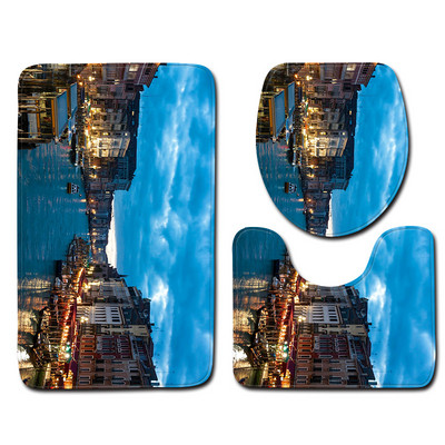 Zeegle City View Drukāts 3gab/komplekts Vannas paklājiņi Vannas istabas paklājs Neslīdošs Vannas istabas grīdas paklāji Tualetes vāks Pārvalks Absorbējoši tualetes paklāji