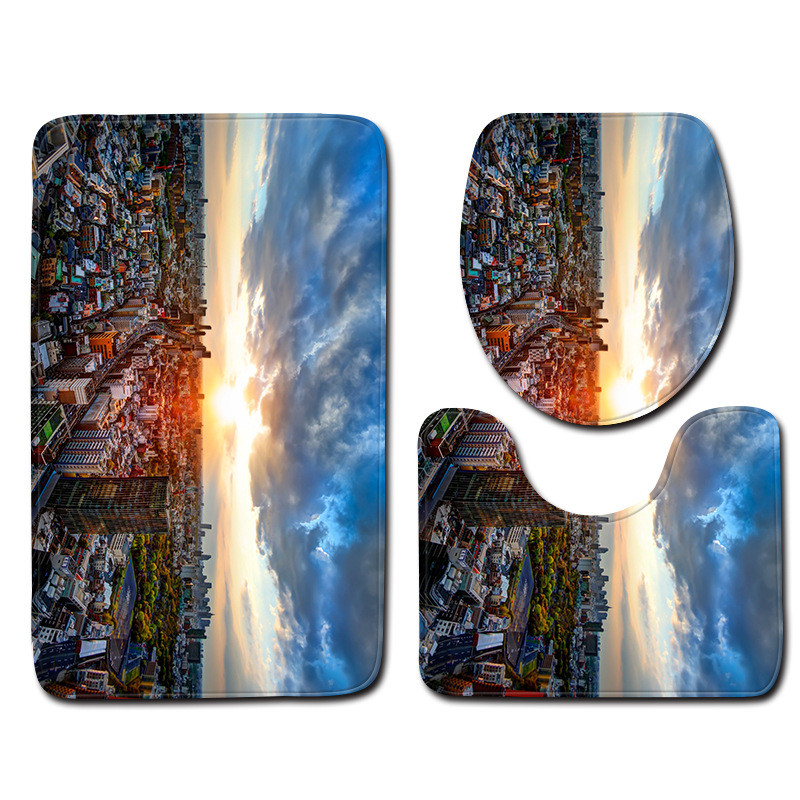 Zeegle City View Drukāts 3gab/komplekts Vannas paklājiņi Vannas istabas paklājs Neslīdošs Vannas istabas grīdas paklāji Tualetes vāks Pārvalks Absorbējoši tualetes paklāji