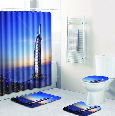 Zeegle Print vannas paklājiņa komplekts ar aizkaru vāku Tualetes pārklājuma paklājiņš Vannas paklāja paliktņa komplekts Vannas istabas aizkars ar 12 āķiem Vannas istabas piederumi