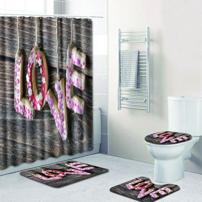 Zeegle Heart Pattern Kupaonski Pedestal Tepih Poklopac Navlaka za WC Poklopac Set Otirača za Kupatilo Neklizajuće prostirke za upijanje vode Vodootporna zavjesa za tuširanje