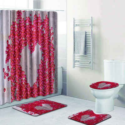 Zeegle Heart Pattern Kupaonski Pedestal Tepih Poklopac Navlaka za WC Poklopac Set Otirača za Kupatilo Neklizajuće prostirke za upijanje vode Vodootporna zavjesa za tuširanje