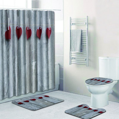 Zeegle Heart Pattern Kupaonski Pedestal Tepih Poklopac Navlaka za WC Poklopac Set Otirača za Kupatilo Neklizajuće prostirke za upijanje vode Vodootporna zavjesa za tuširanje