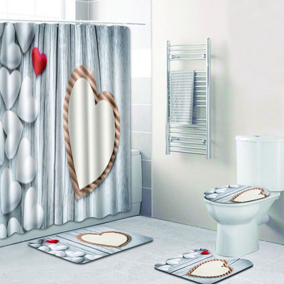 Zeegle Heart Pattern Kupaonski Pedestal Tepih Poklopac Navlaka za WC Poklopac Set Otirača za Kupatilo Neklizajuće prostirke za upijanje vode Vodootporna zavjesa za tuširanje