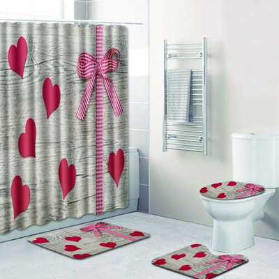 Zeegle Heart Pattern Kupaonski Pedestal Tepih Poklopac Navlaka za WC Poklopac Set Otirača za Kupatilo Neklizajuće prostirke za upijanje vode Vodootporna zavjesa za tuširanje
