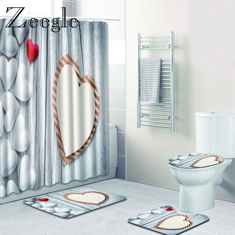 Zeegle Heart Pattern Kupaonski Pedestal Tepih Poklopac Navlaka za WC Poklopac Set Otirača za Kupatilo Neklizajuće prostirke za upijanje vode Vodootporna zavjesa za tuširanje