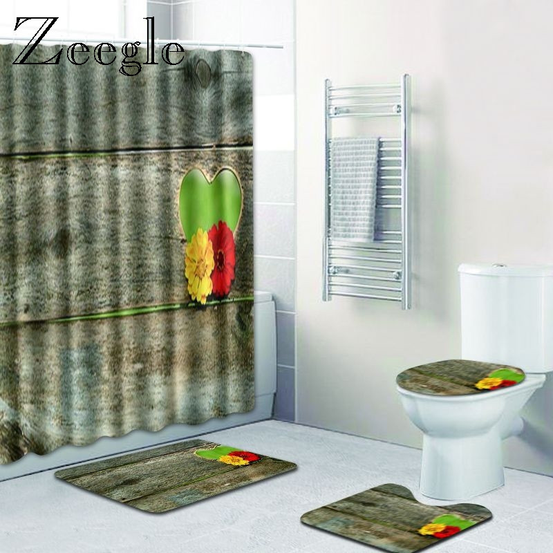 Zeegle Heart Pattern Kupaonski Pedestal Tepih Poklopac Navlaka za WC Poklopac Set Otirača za Kupatilo Neklizajuće prostirke za upijanje vode Vodootporna zavjesa za tuširanje