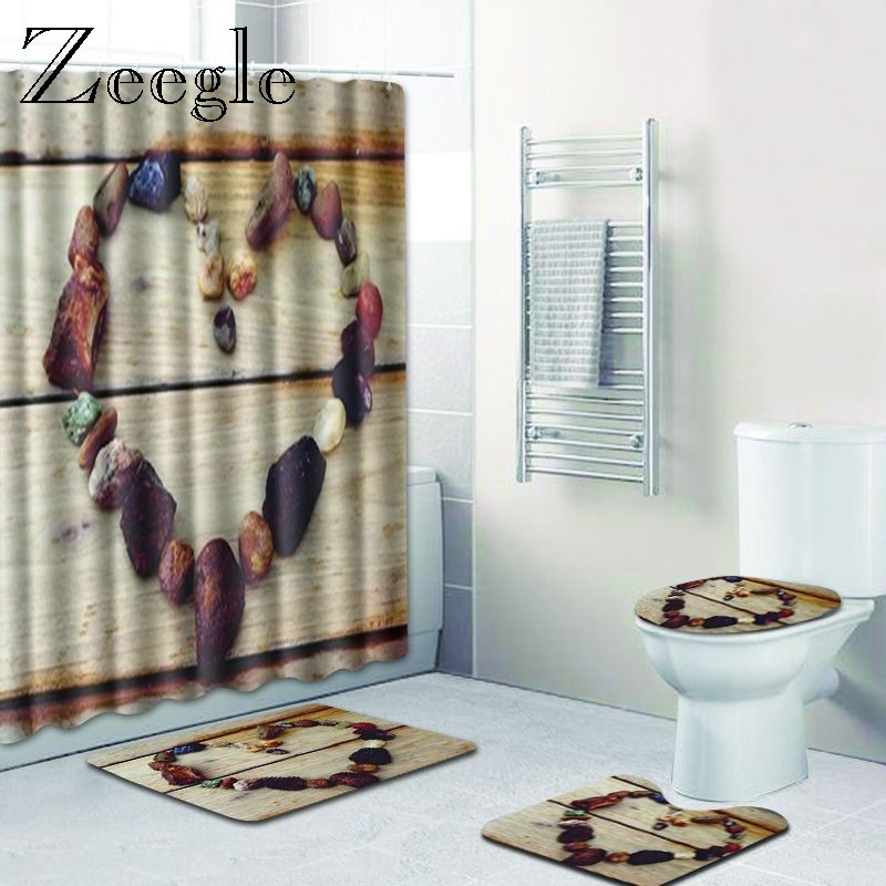 Zeegle Heart Pattern Kupaonski Pedestal Tepih Poklopac Navlaka za WC Poklopac Set Otirača za Kupatilo Neklizajuće prostirke za upijanje vode Vodootporna zavjesa za tuširanje