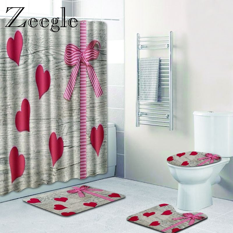 Zeegle Heart Pattern Kupaonski Pedestal Tepih Poklopac Navlaka za WC Poklopac Set Otirača za Kupatilo Neklizajuće prostirke za upijanje vode Vodootporna zavjesa za tuširanje