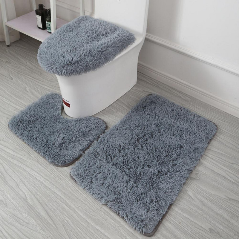 3 vnt./rinkinys Spalvotas vonios kilimėlių rinkinys Stačiakampis Pūkuotus Plaukus Vonios Kilimai Šiuolaikiniai Tualeto Dangtis Uždengimas Kilimėlių rinkinys Vonios kambario priedai