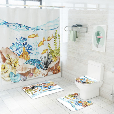Upijajuća prostirka za kupaonicu Vodootporni komplet zavjesa za tuširanje Kupaonski tepih u morskom stilu Neklizajući podni tepih za WC Set flanelskih prostirki