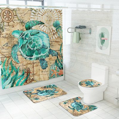 Upijajuća prostirka za kupaonicu Vodootporni komplet zavjesa za tuširanje Kupaonski tepih u morskom stilu Neklizajući podni tepih za WC Set flanelskih prostirki