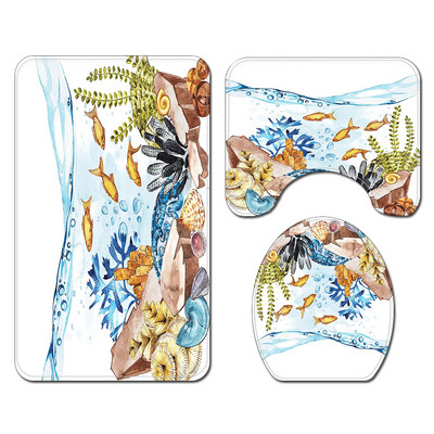 Upijajuća prostirka za kupaonicu Vodootporni komplet zavjesa za tuširanje Kupaonski tepih u morskom stilu Neklizajući podni tepih za WC Set flanelskih prostirki