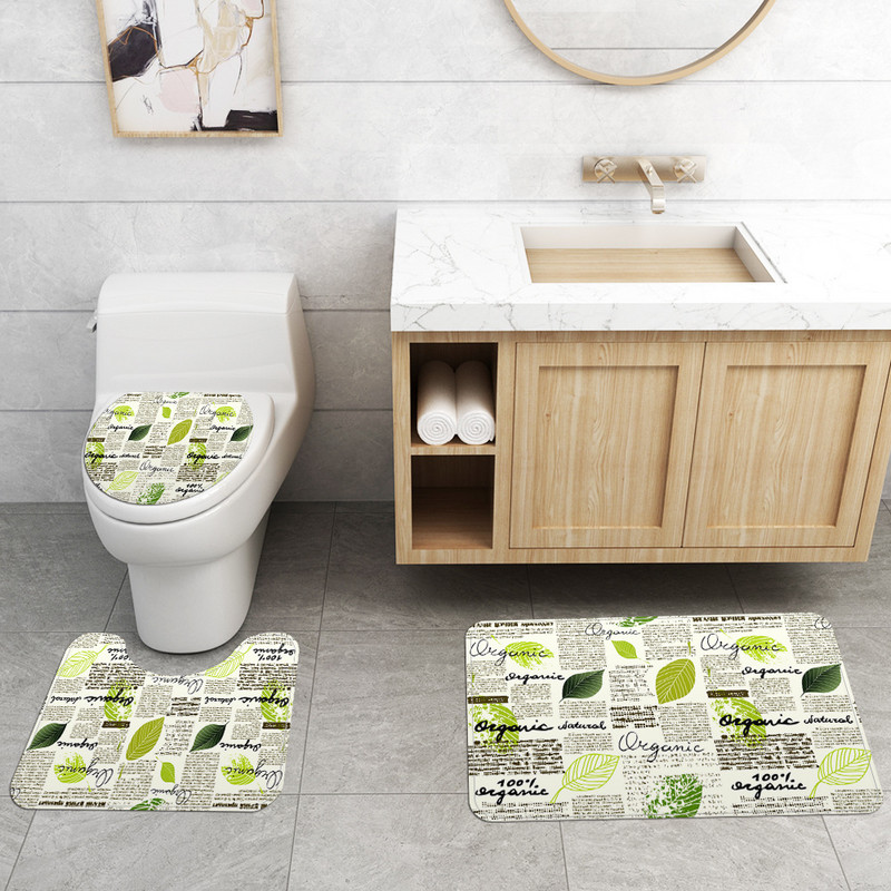 Vienkārša stila vannas istabas dekorēšana Vannas paklājiņš un dušas aizkaru komplekts Tualetes paklājiņš Vannas istabas paklāju komplekts Zaļās krāsas vannas istabas komplekts