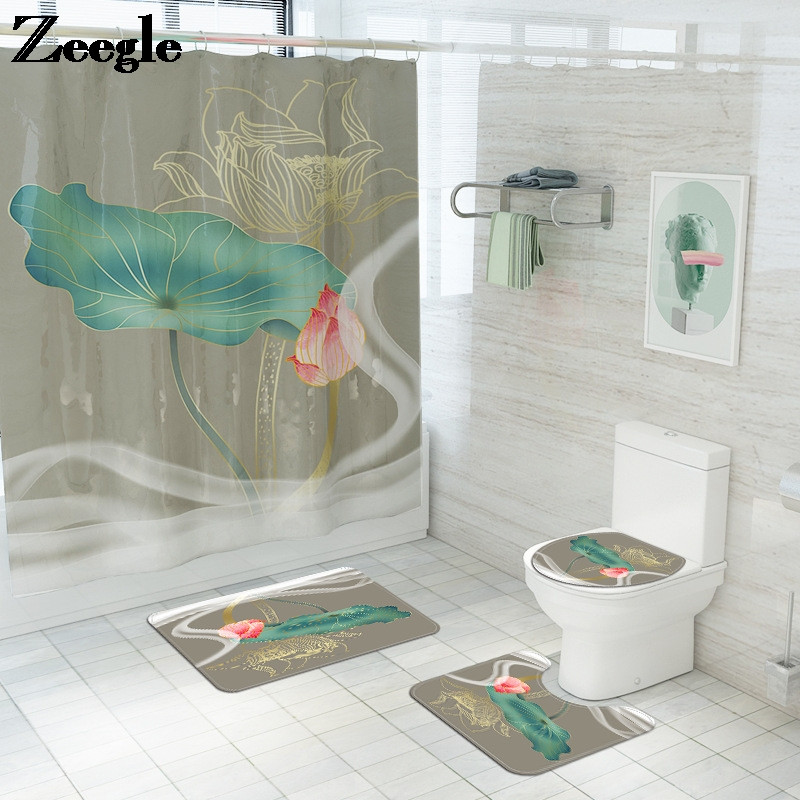 Tradicionāla stila vannas istabas vannas paklājs un dušas aizkaru komplekts Memory Foam U-veida tualetes paklājs Dušas paklājs vannas istabai