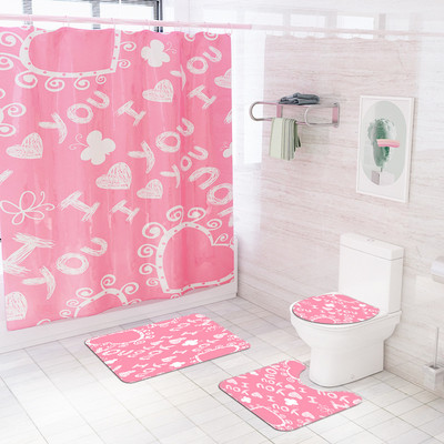 Set kupaonskih prostirki za uređenje doma za Valentinovo Set kupaonskih prostirača s otisnutim srcem ljubavi s poliesterskom vodootpornom zavjesom za tuširanje WC prostirkom