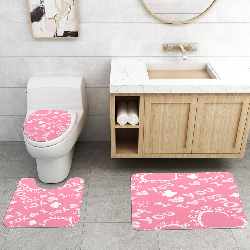 Set kupaonskih prostirki za uređenje doma za Valentinovo Set kupaonskih prostirača s otisnutim srcem ljubavi s poliesterskom vodootpornom zavjesom za tuširanje WC prostirkom