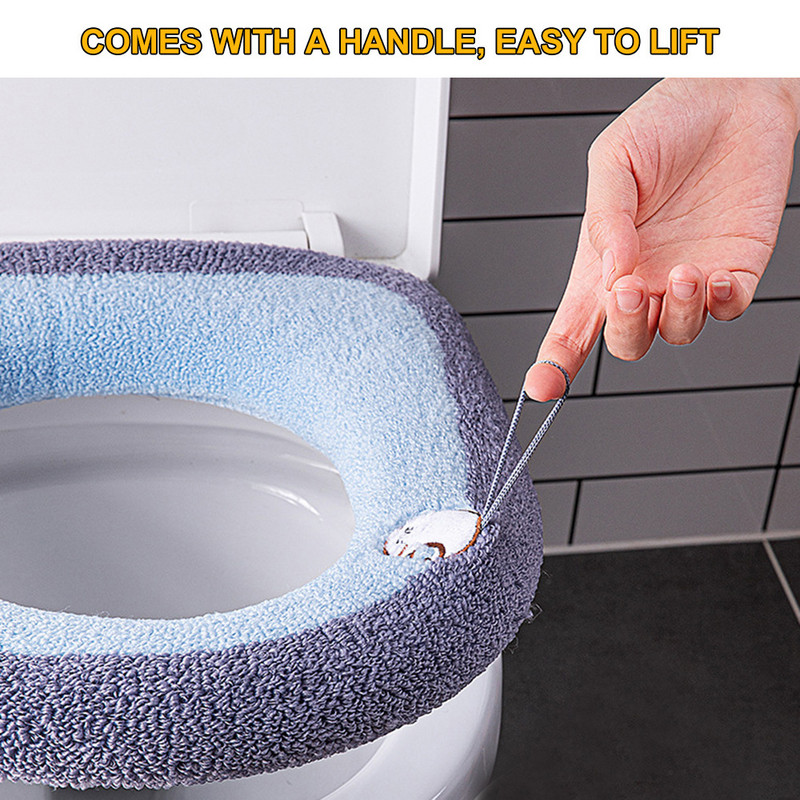 2GB Ziemas siltā tualetes sēdekļa pārklāja paklājs Vannas istabas tualetes spilvens ar rokturi, biezāks, mīksts, mazgājams Closestool vannas istabas piederumi