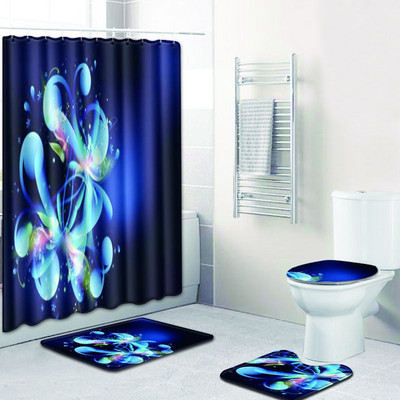 Zeegle Flower Patter dušas aizkars ar vannas paklājiņa komplektu Poliestera tualetes kāju paklājs Mazgājams vannas istabas grīdas paklājiņš Pretslīdošs durvju paklājiņš